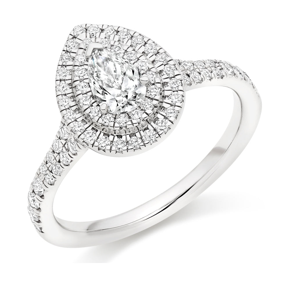 Halo with Diamond Set Shoulders Pear Cut Engagement Ring, 0.33ct in White Gold