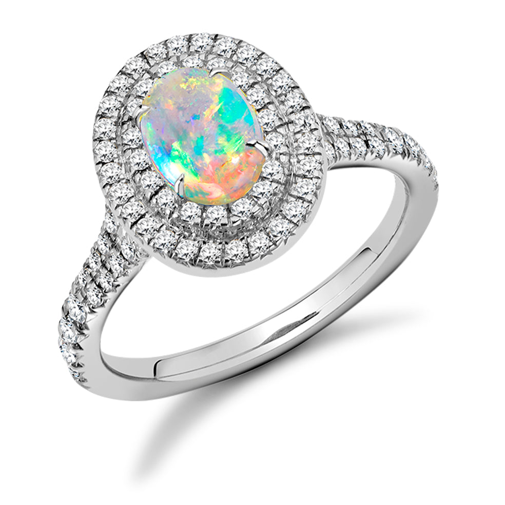 Diamond-Halo Opal & Diamond Engagement Ring, 0.5ct in White Gold
