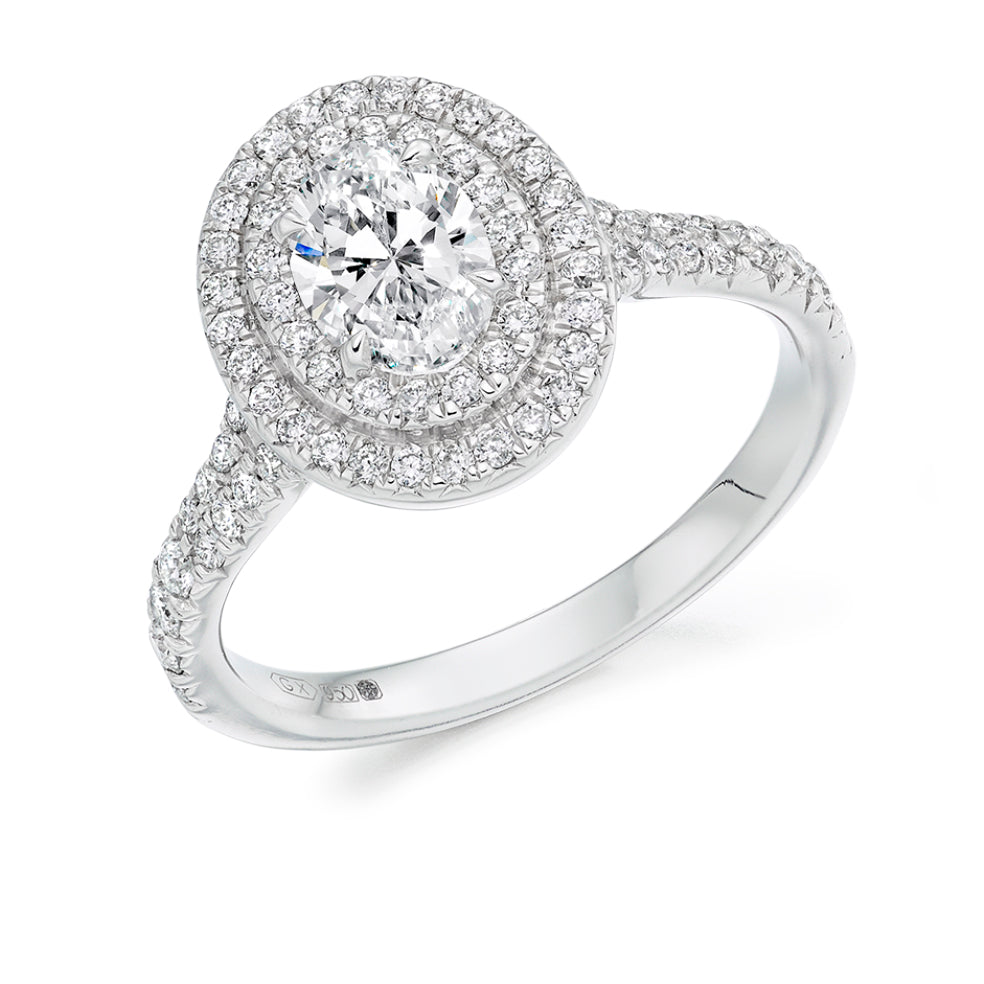 Halo with Diamond Set Shoulders Oval Cut Engagement Ring, 0.75ct in White Gold