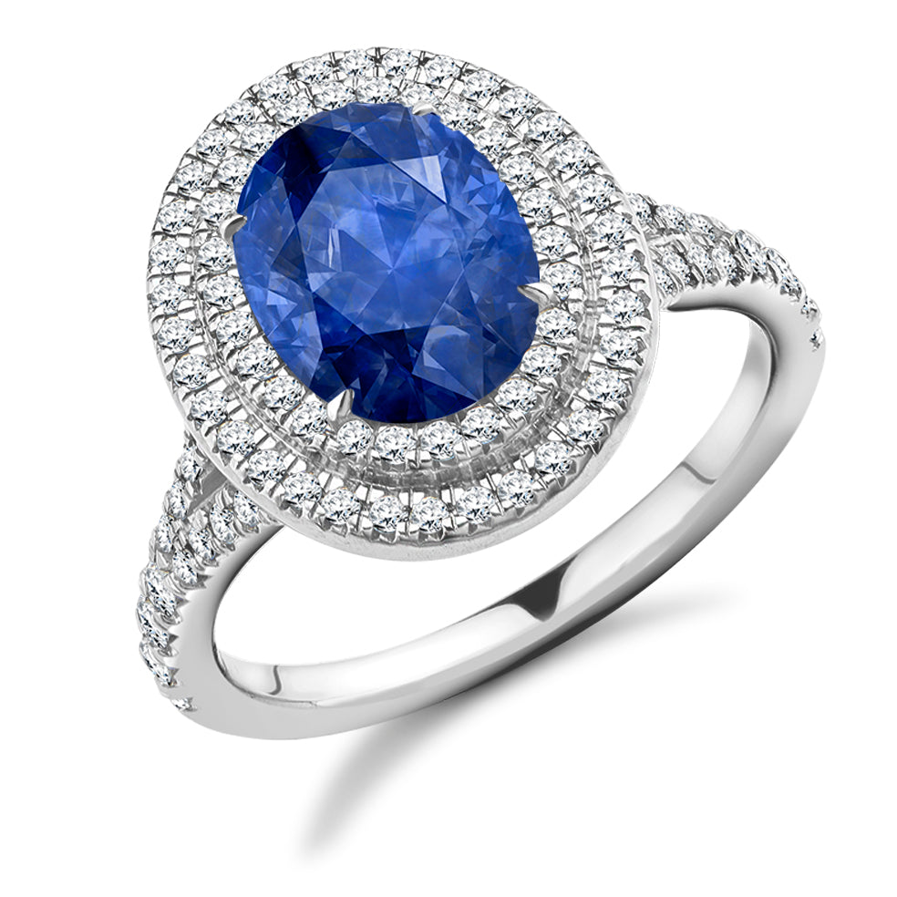 Double-Halo Cluster Sapphire & Diamond Engagement Ring with Fishtail, in White Gold