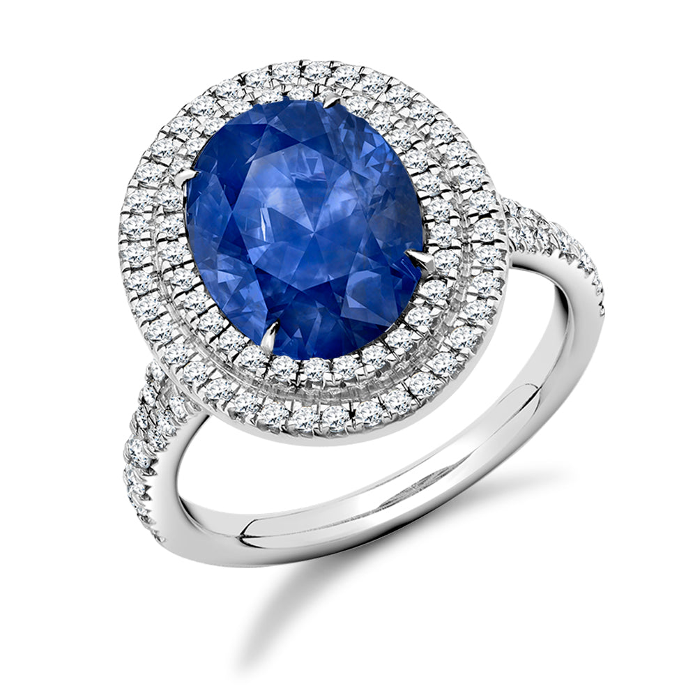 Double-Halo Cluster Sapphire & Diamond Engagement Ring, 0.55ct in White Gold