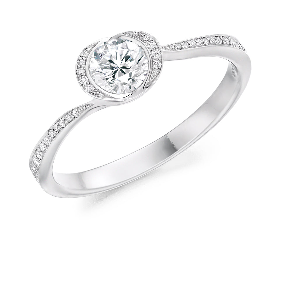 Halo with Diamond Set Shoulders Round Brilliant Engagement Ring, 0.33ct in White Gold
