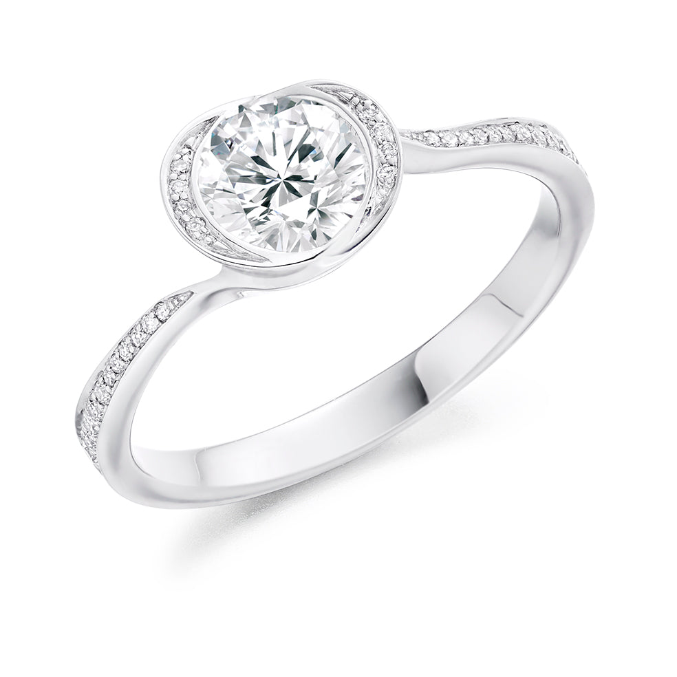 Halo with Diamond Set Shoulders Round Brilliant Engagement Ring, 0.75ct in White Gold