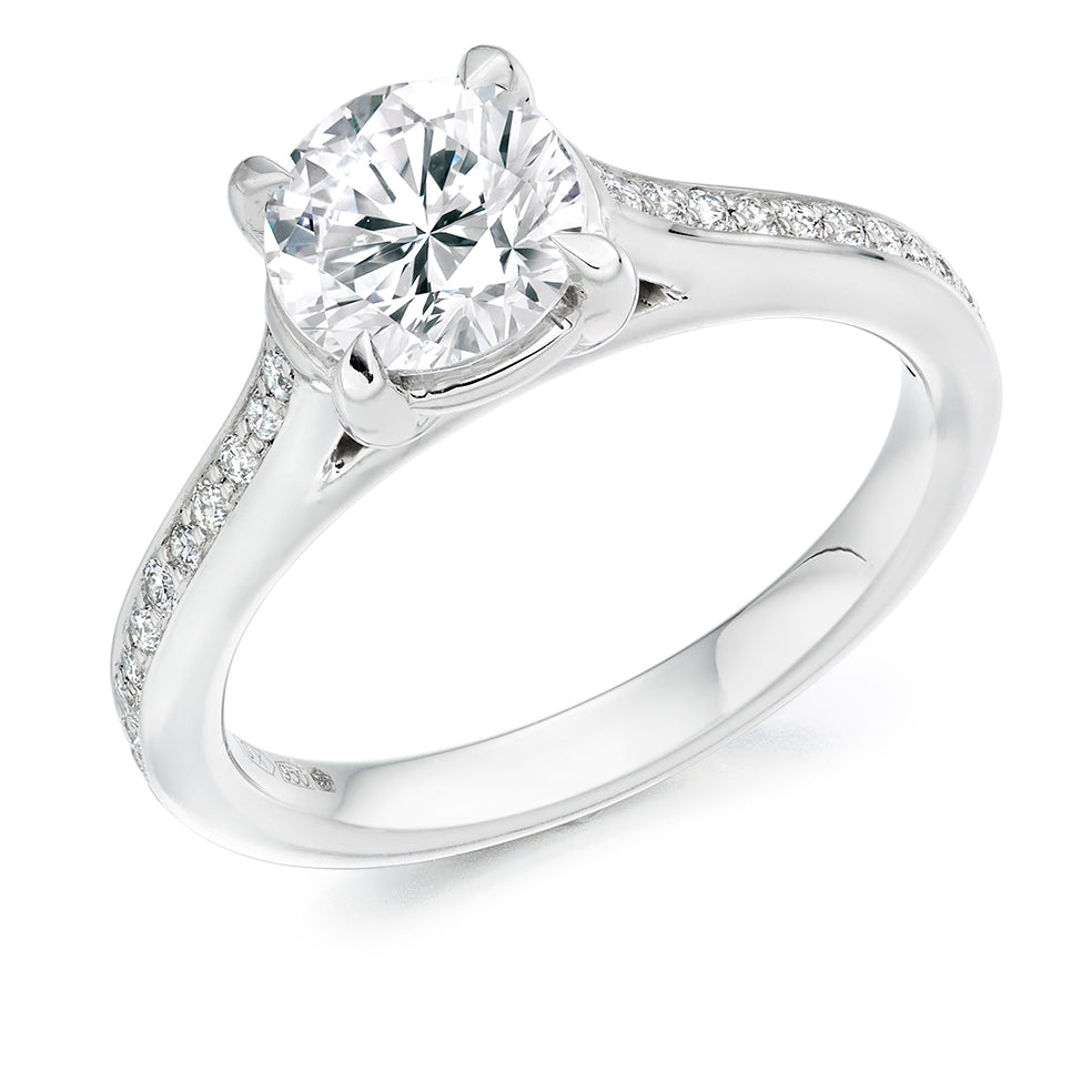 Solitaire with Diamond Set Shoulders Round Brilliant Engagement Ring, 1.40ct in White Gold