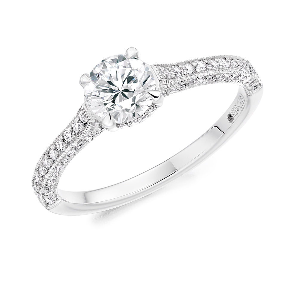 Solitaire with Diamond Set Shoulders Round Brilliant Engagement Ring, 0.75ct in White Gold