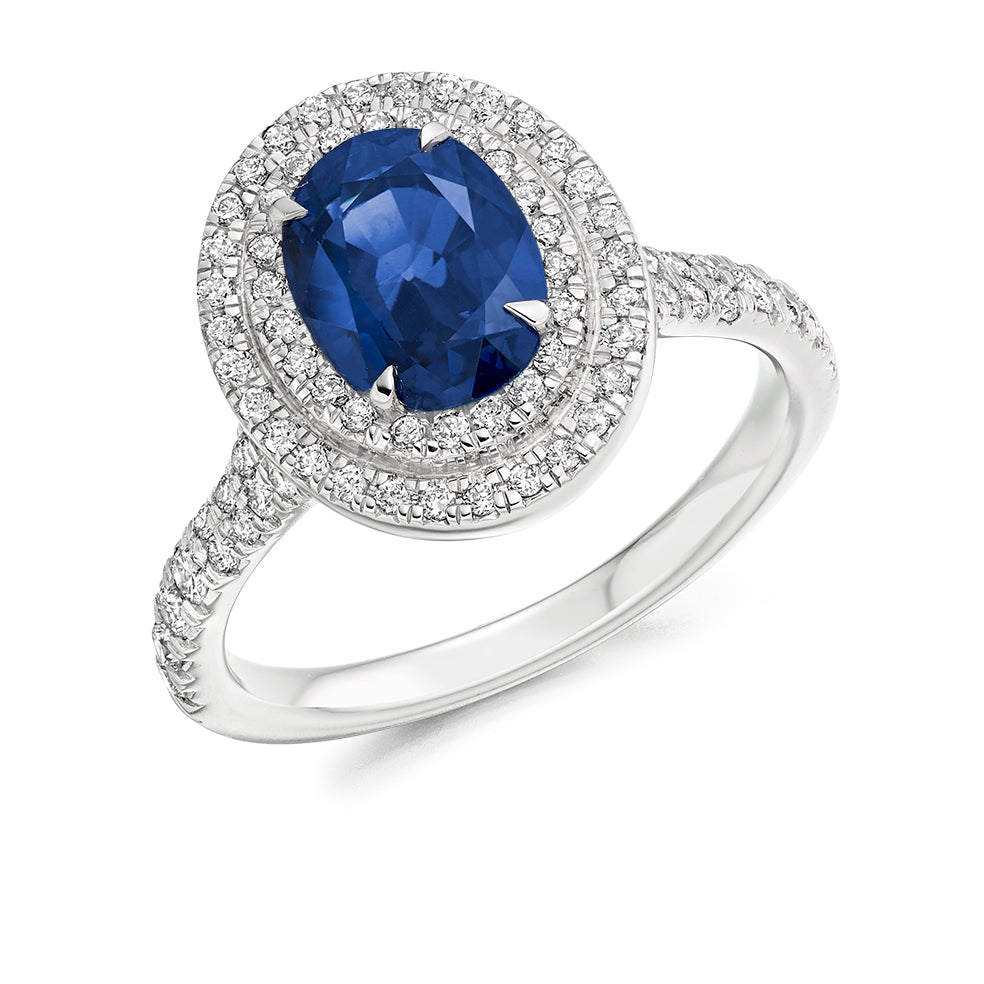 Double-Halo Cluster Sapphire & Diamond Engagement Ring with Micro-Claw in White Gold