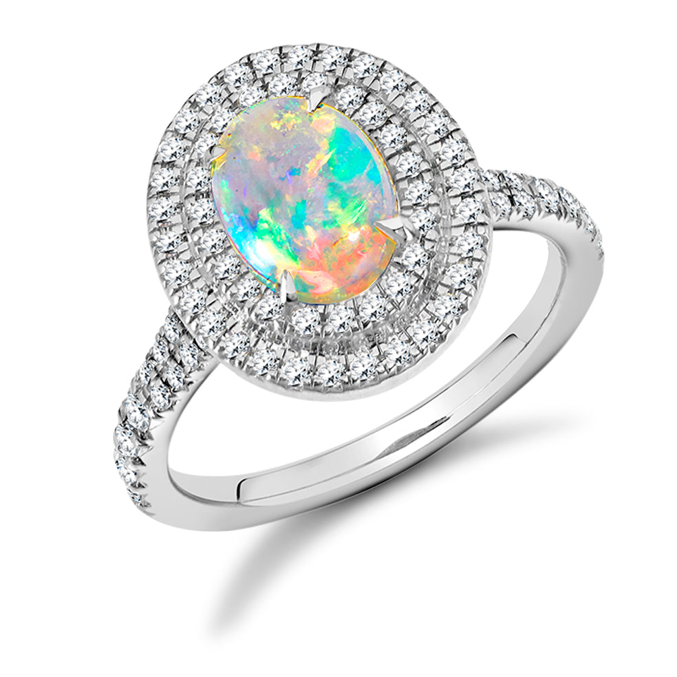 Double-Halo Cluster Opal & Diamond Engagement Ring, 0.55ct in White Gold