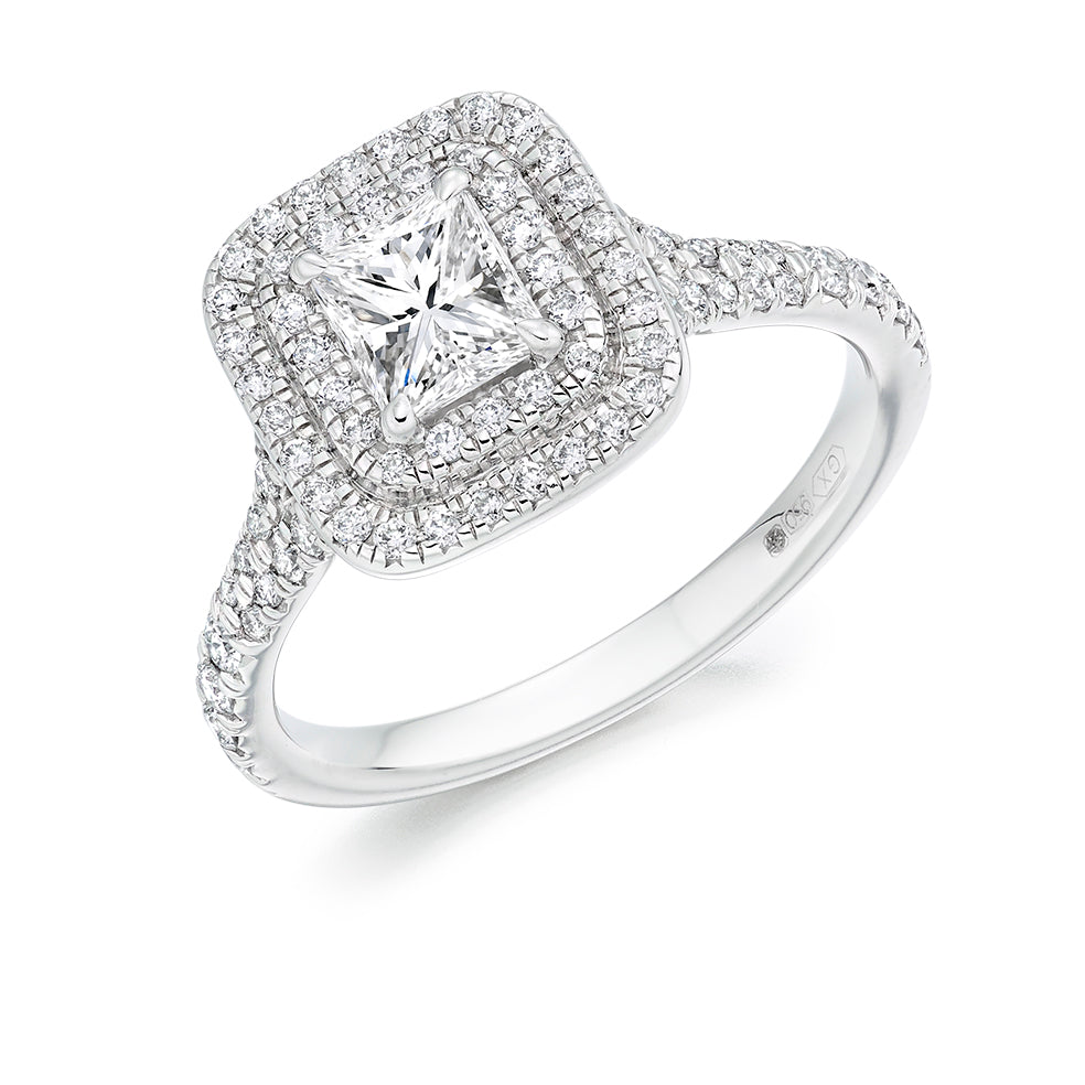 Double-Halo Split-Shoulder Radiant-Cut Engagement Ring, 0.75ct in White Gold
