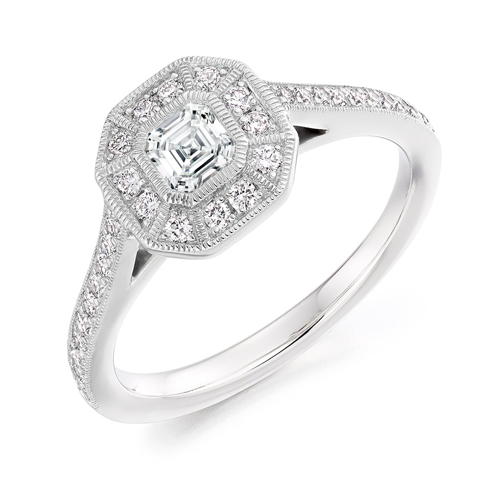 Rubover-Set Halo Asscher Cut Engagement Ring, 0.33ct in White Gold