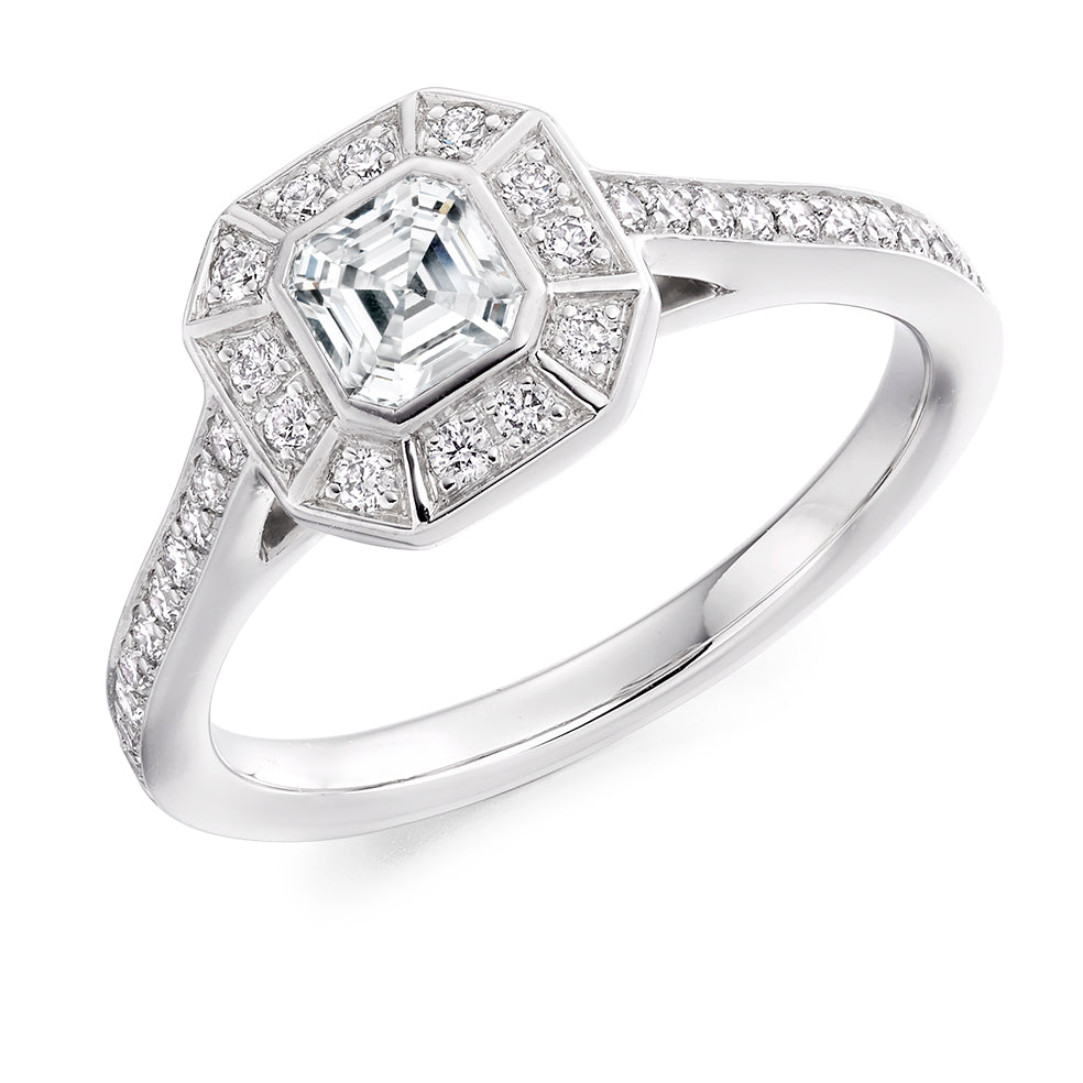 Rubover Halo Asscher Cut Engagement Ring in White Gold