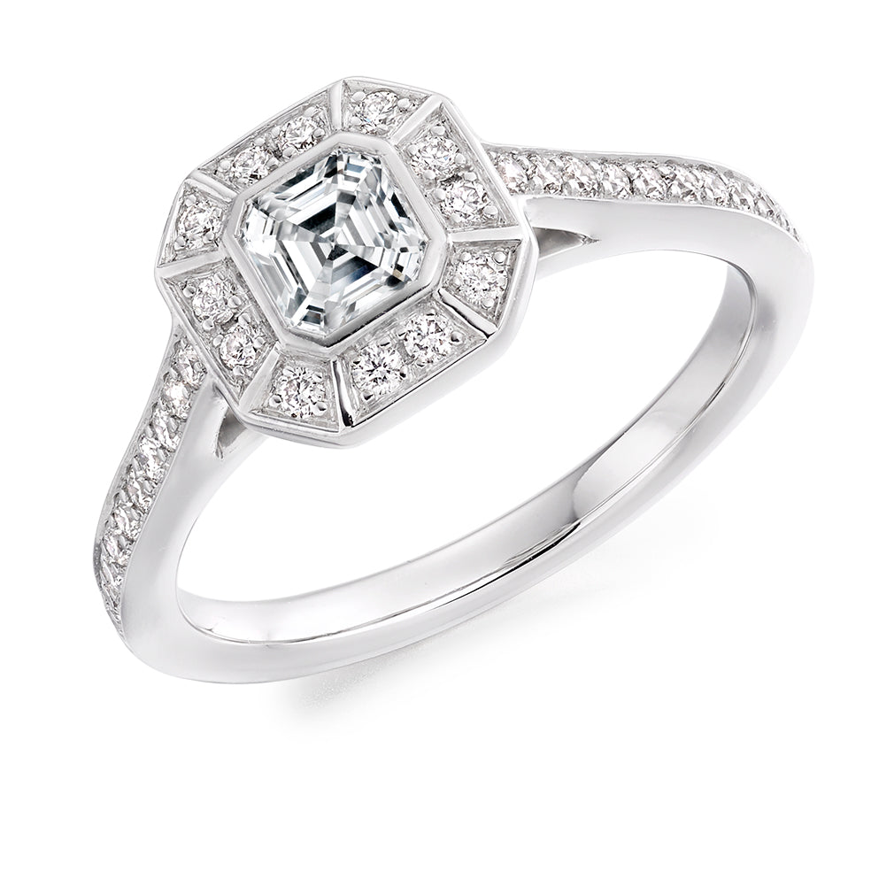 Rubover-Set Halo Asscher Cut Engagement Ring in White Gold