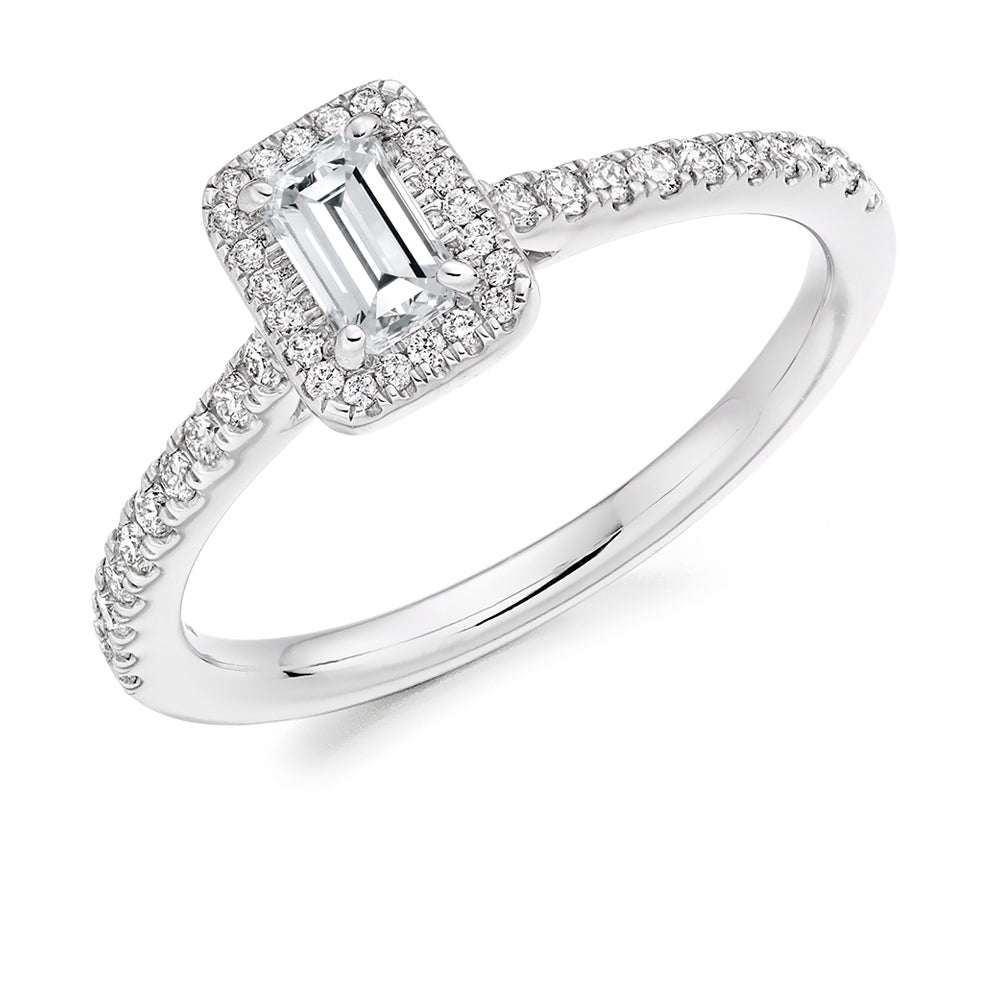 Pavé-Shoulder Halo Emerald-Cut Engagement Ring, 0.3ct in White Gold