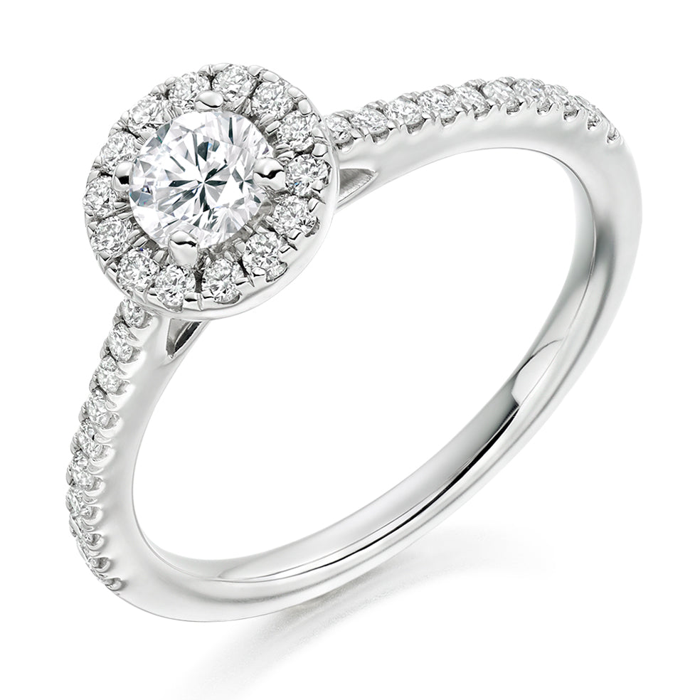 Halo with Diamond Shoulders Round Brilliant Engagement Ring in White Gold