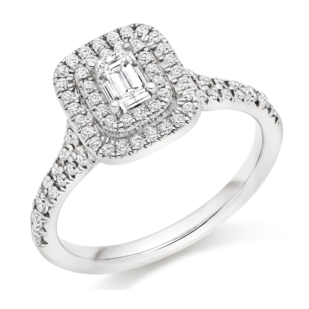 Double-Halo Split-Shoulder Emerald-Cut Engagement Ring, 0.33ct in White Gold