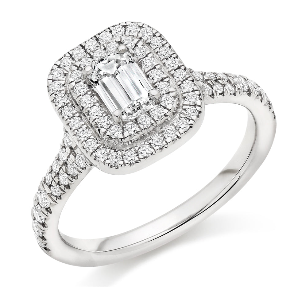 Double-Halo Split-Shoulder Emerald-Cut Engagement Ring, 0.5ct in White Gold