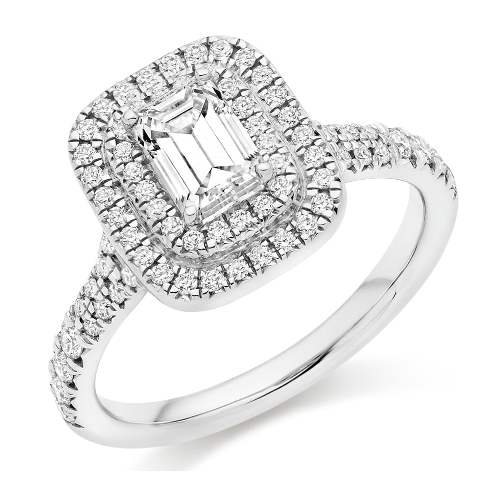 Double-Halo Split-Shoulder Emerald-Cut Engagement Ring, 0.75ct in White Gold