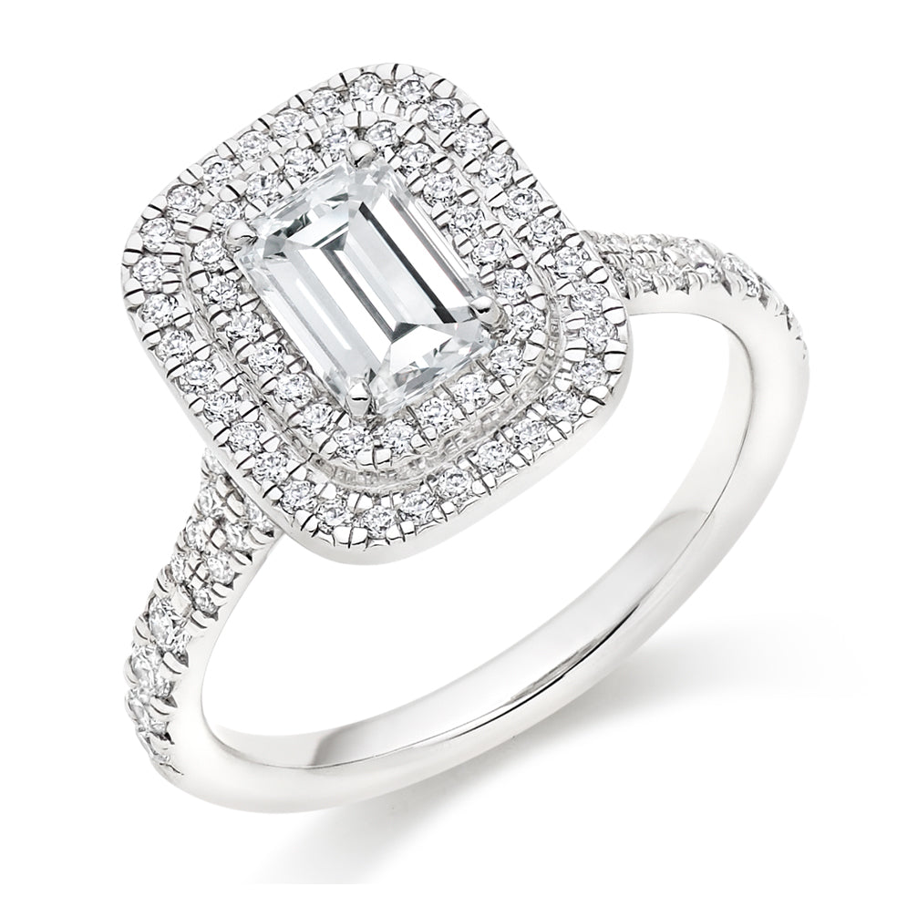 Double-Halo Split-Shoulder Emerald-Cut Engagement Ring, 1.0ct in White Gold