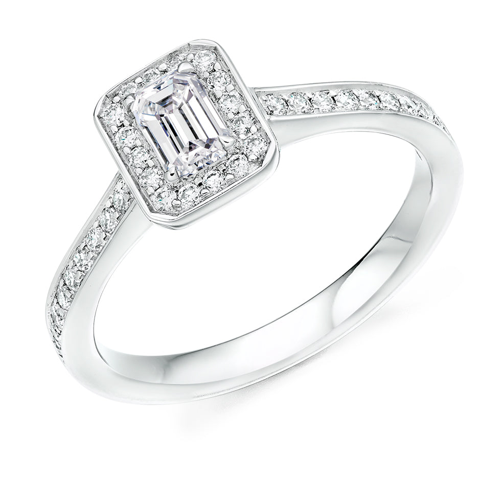 Pavé-Shoulder Halo Emerald-Cut Engagement Ring, 0.25ct in White Gold