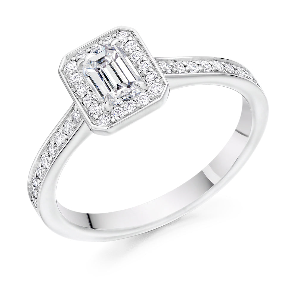 Pavé-Shoulder Halo Emerald-Cut Engagement Ring, 0.33ct (ENG4864 SMT) in White Gold