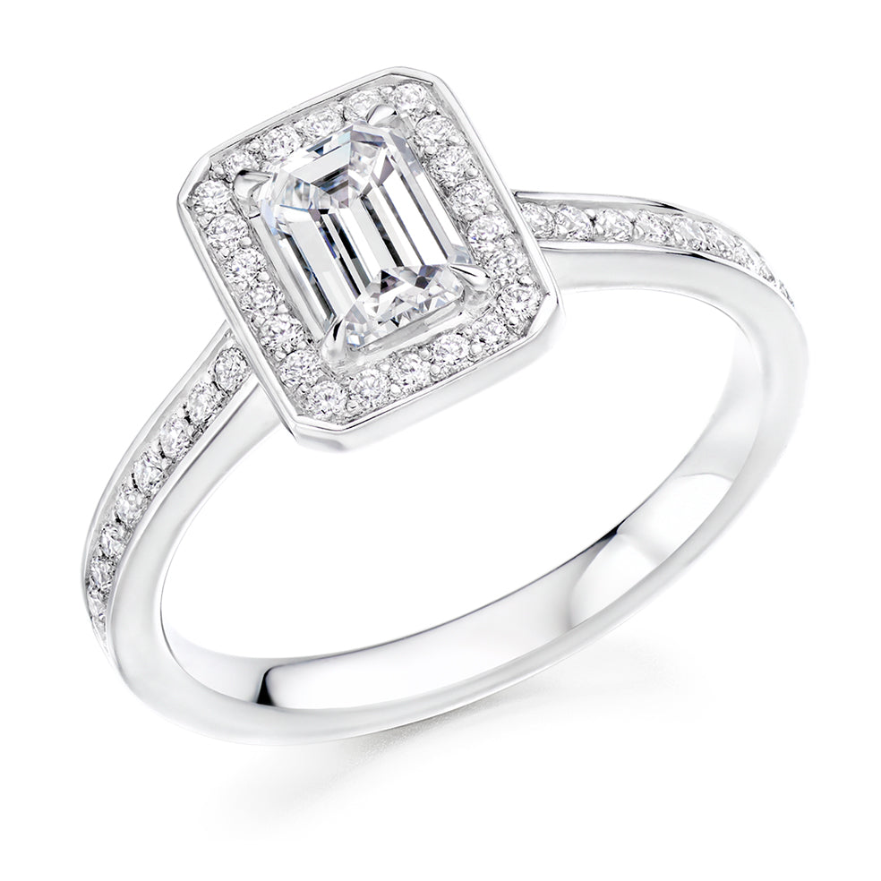 Pavé-Shoulder Halo Emerald-Cut Engagement Ring, 0.75ct (ENG4866 SMT) in White Gold