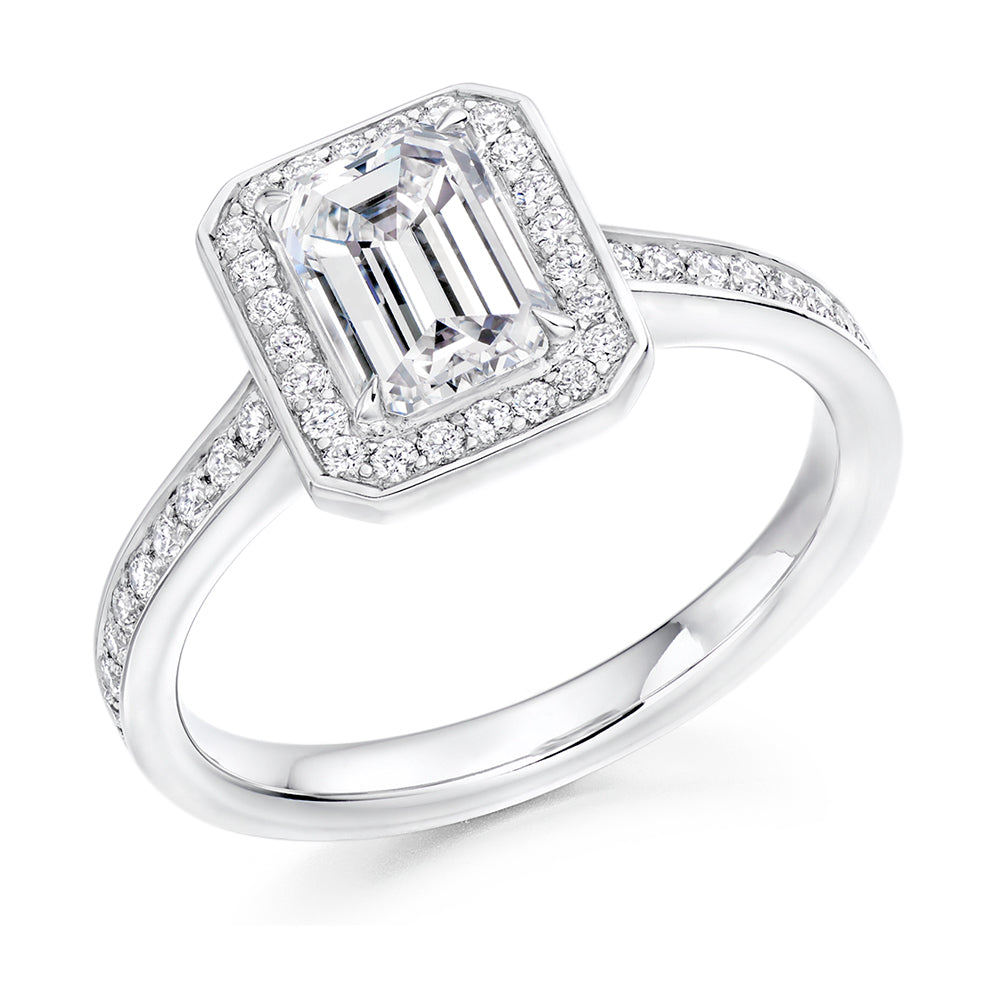 Pavé-Shoulder Halo Emerald-Cut Engagement Ring, 1.0ct (ENG4867 SMT) in White Gold