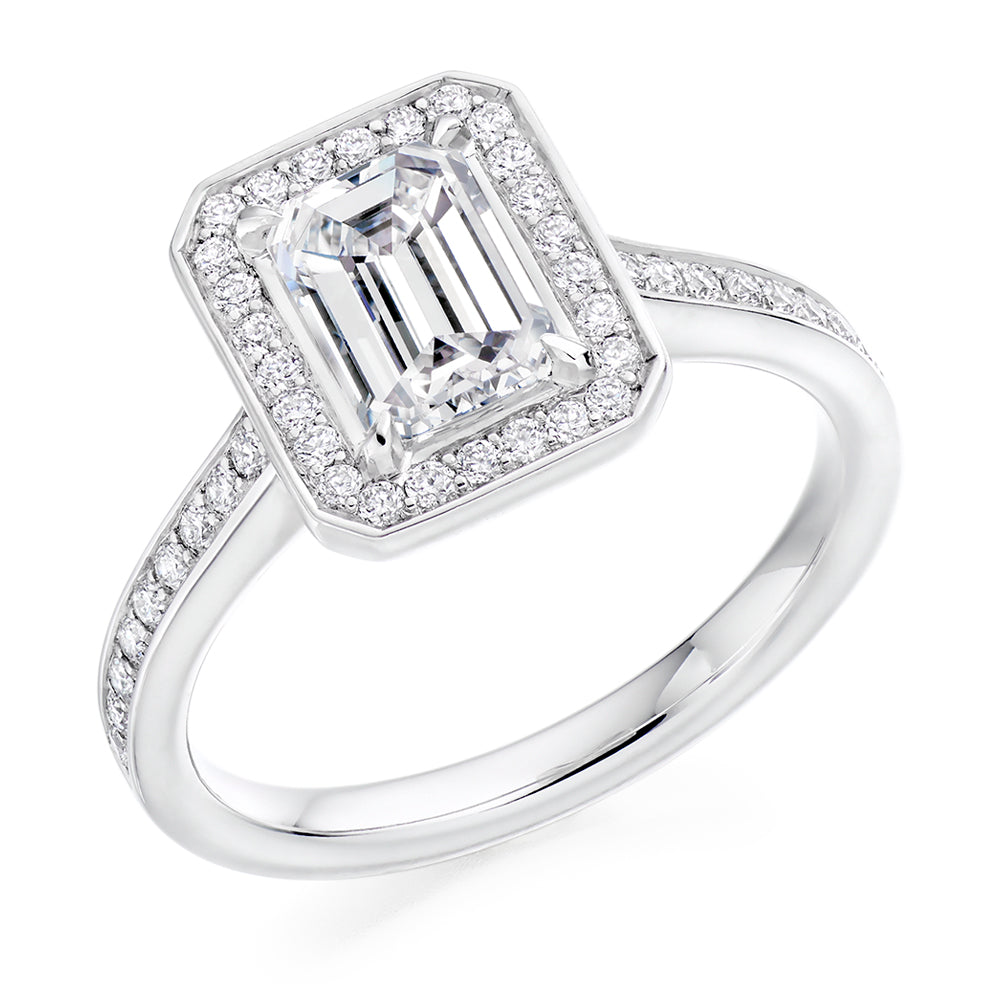 Pavé-Shoulder Halo Emerald-Cut Engagement Ring, 1.5ct (ENG4868 SMT) in White Gold