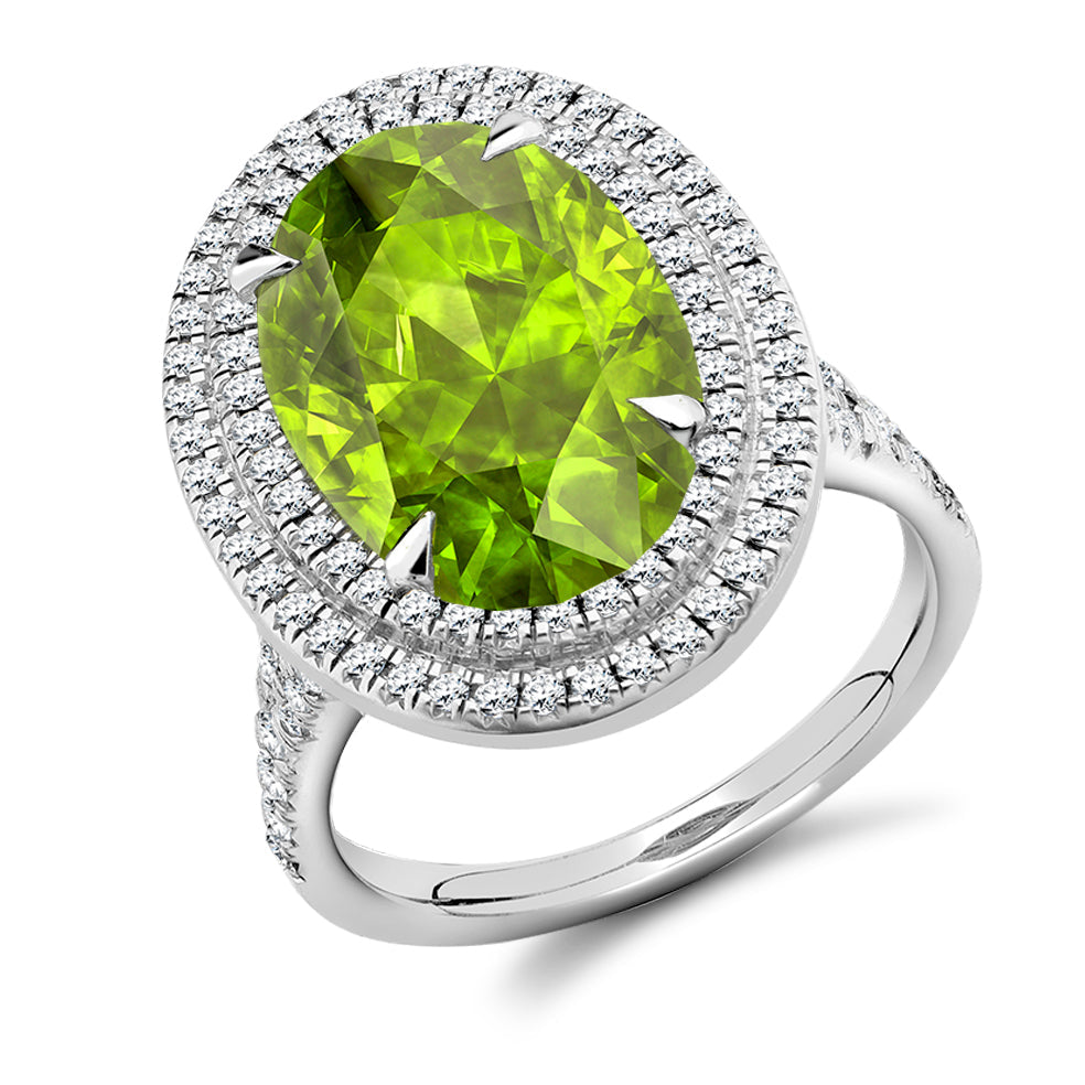 Cluster Halo Peridot & Diamond Engagement Ring, 0.6ct in White Gold