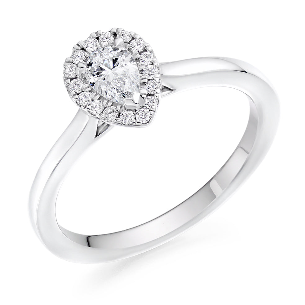 Clean-Shouldered Halo Pear Cut Engagement Ring in White Gold