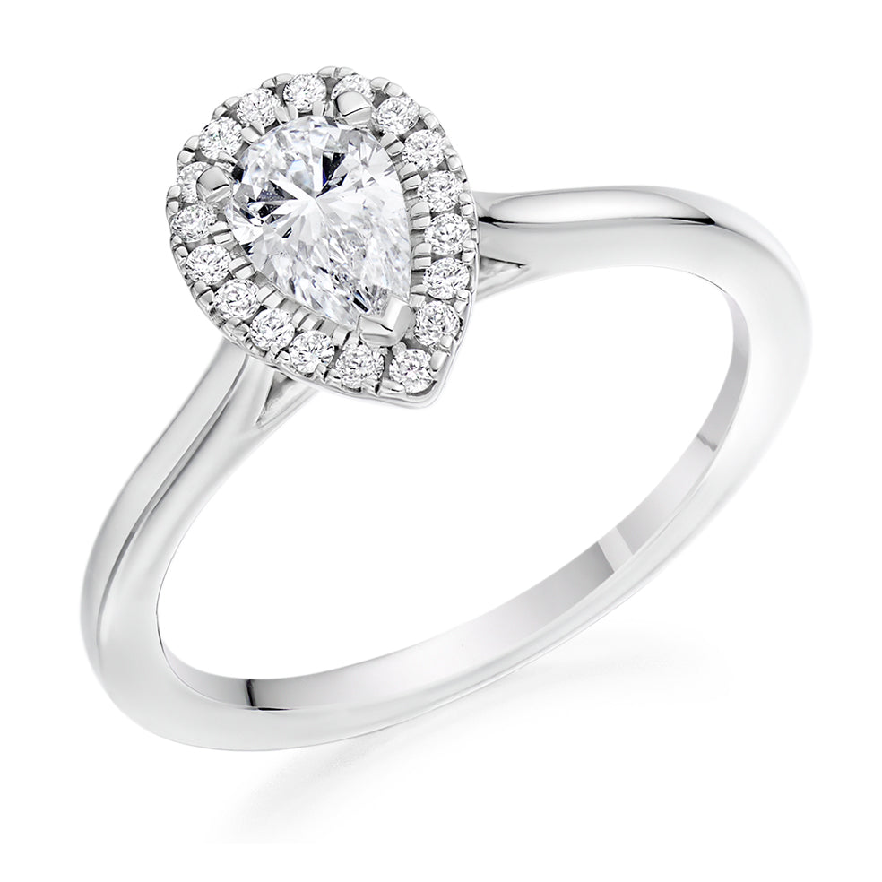 Halo with Plain Shoulders Pear Cut Engagement Ring in White Gold