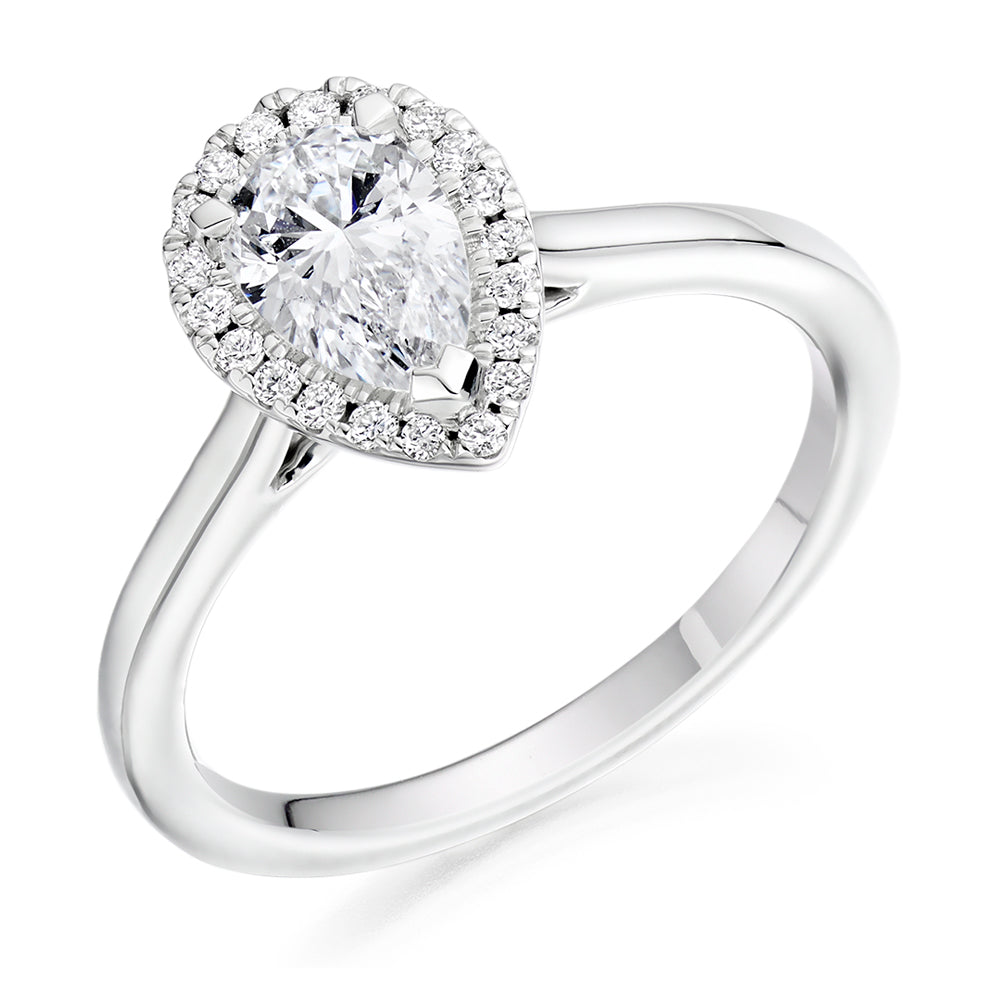 Plain-Band Halo Pear Cut Engagement Ring in White Gold