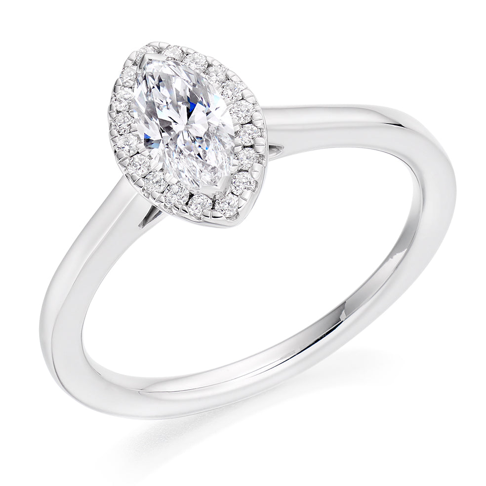 Halo with Plain Shoulders Marquise Cut Engagement Ring in White Gold