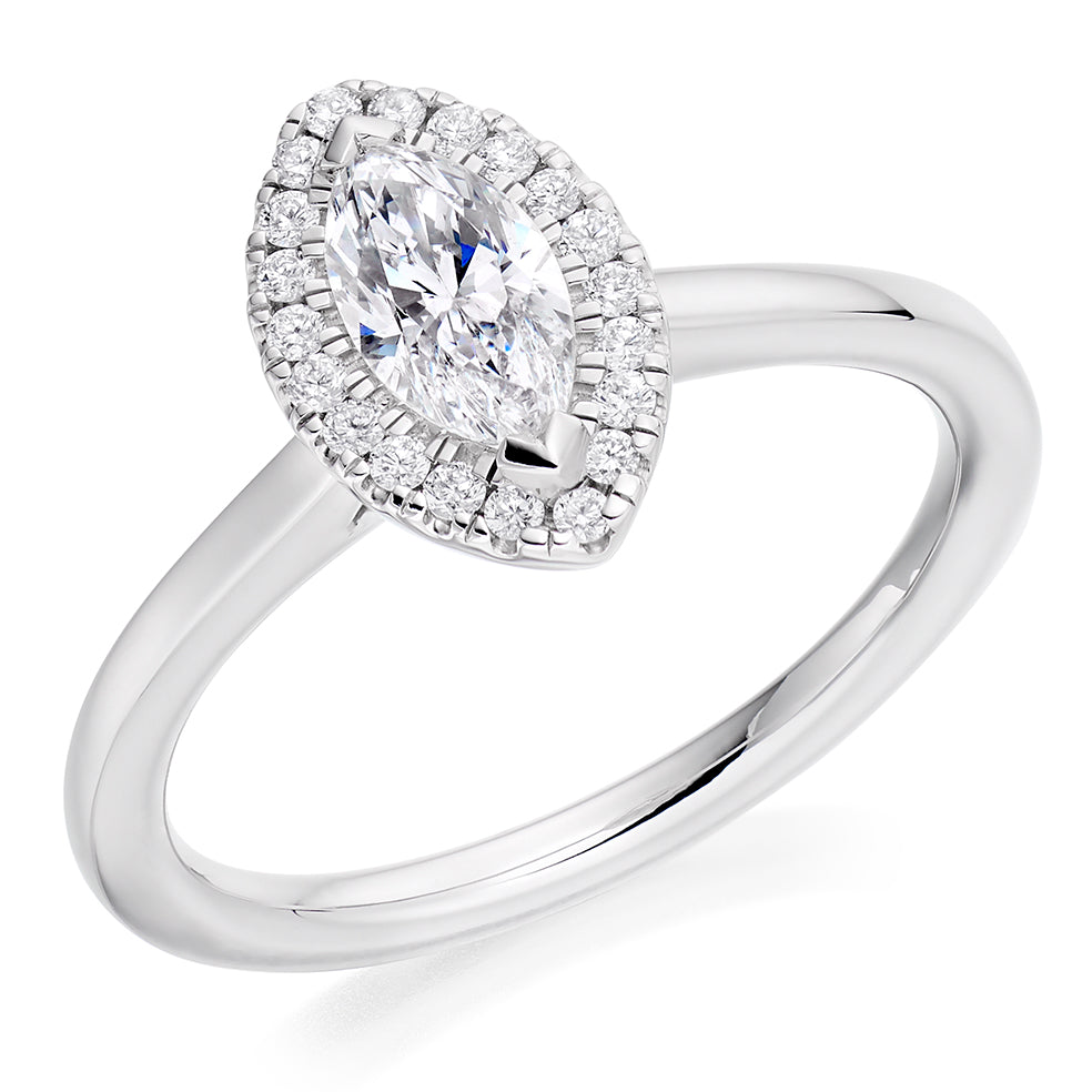 Plain-Band Halo Marquise Cut Engagement Ring in White Gold