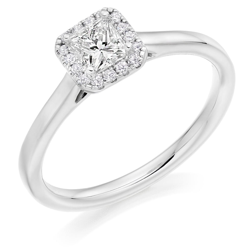 Plain-Band Halo Princess Cut Engagement Ring in White Gold