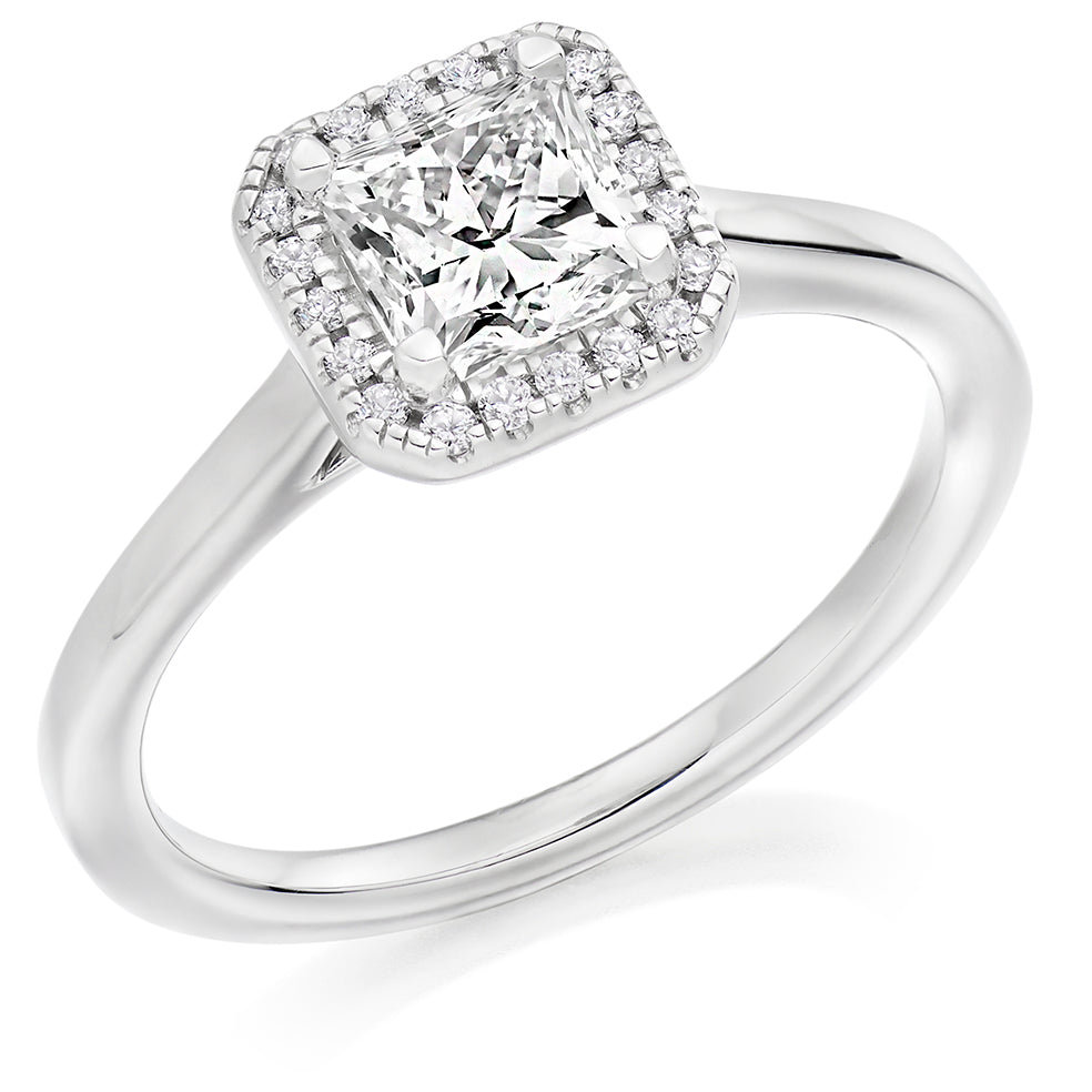 Clean-Shouldered Halo Princess Cut Engagement Ring in White Gold