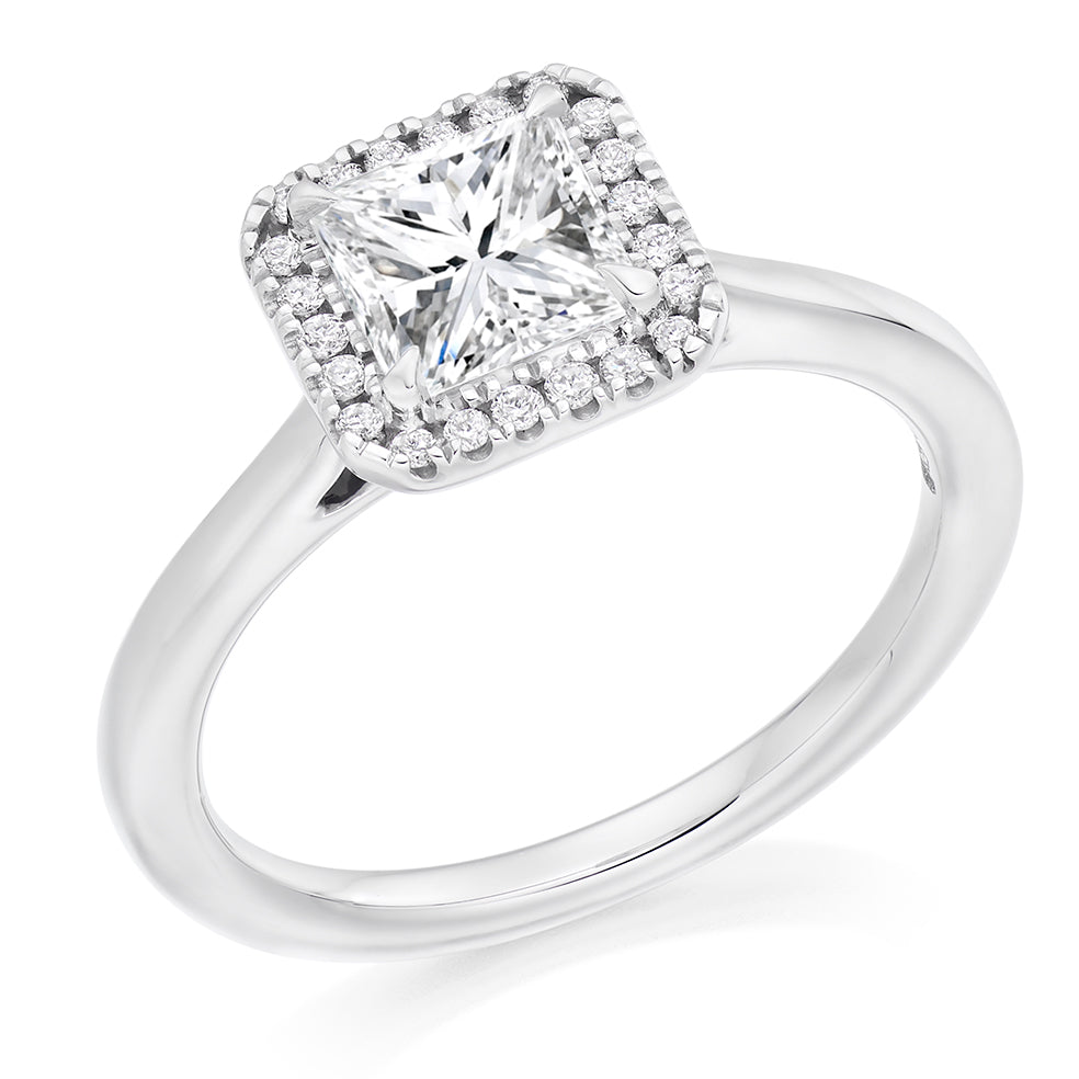 Quiet Halo Princess Cut Engagement Ring in White Gold