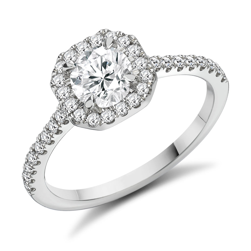 Pavé-Shoulder Halo Round-Brilliant Engagement Ring, 0.75ct in White Gold
