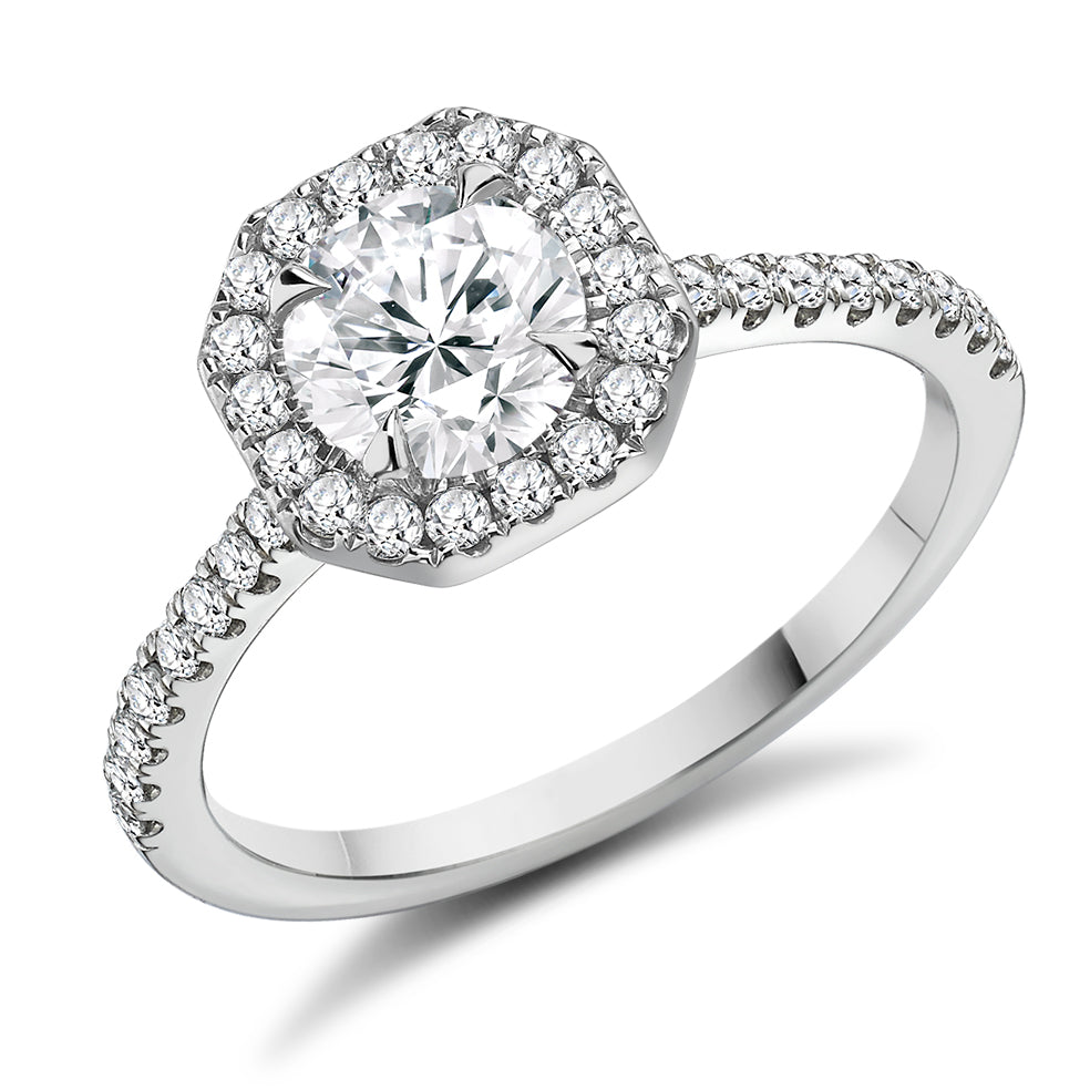 Pavé-Shoulder Halo Round-Brilliant Engagement Ring, 0.9ct (ENG5013 SMT) in White Gold