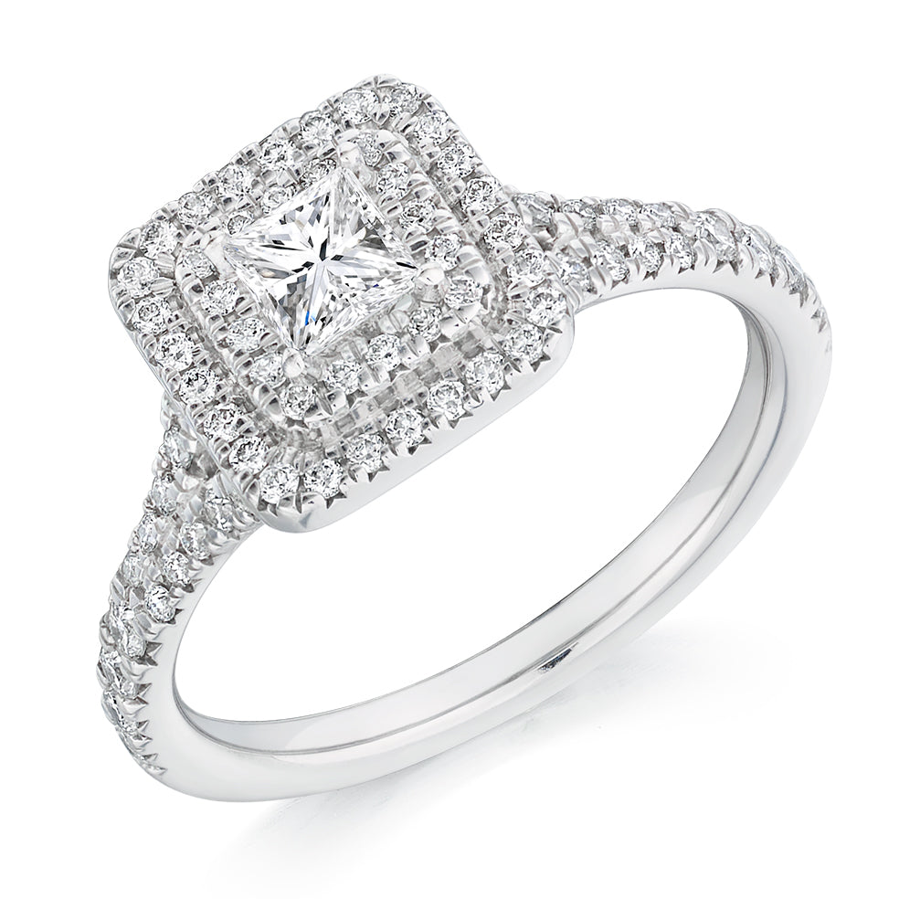 Double-Halo Split-Shoulder Princess-Cut Engagement Ring, 0.33ct in White Gold