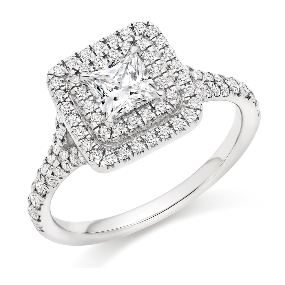 Double-Halo Split-Shoulder Princess-Cut Engagement Ring, 0.5ct in White Gold