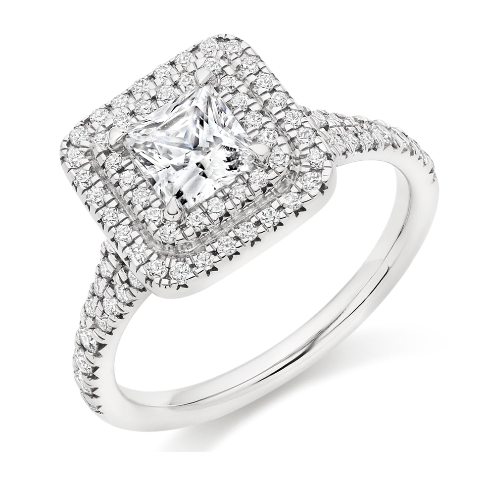 Double-Halo Split-Shoulder Princess-Cut Engagement Ring, 0.75ct in White Gold