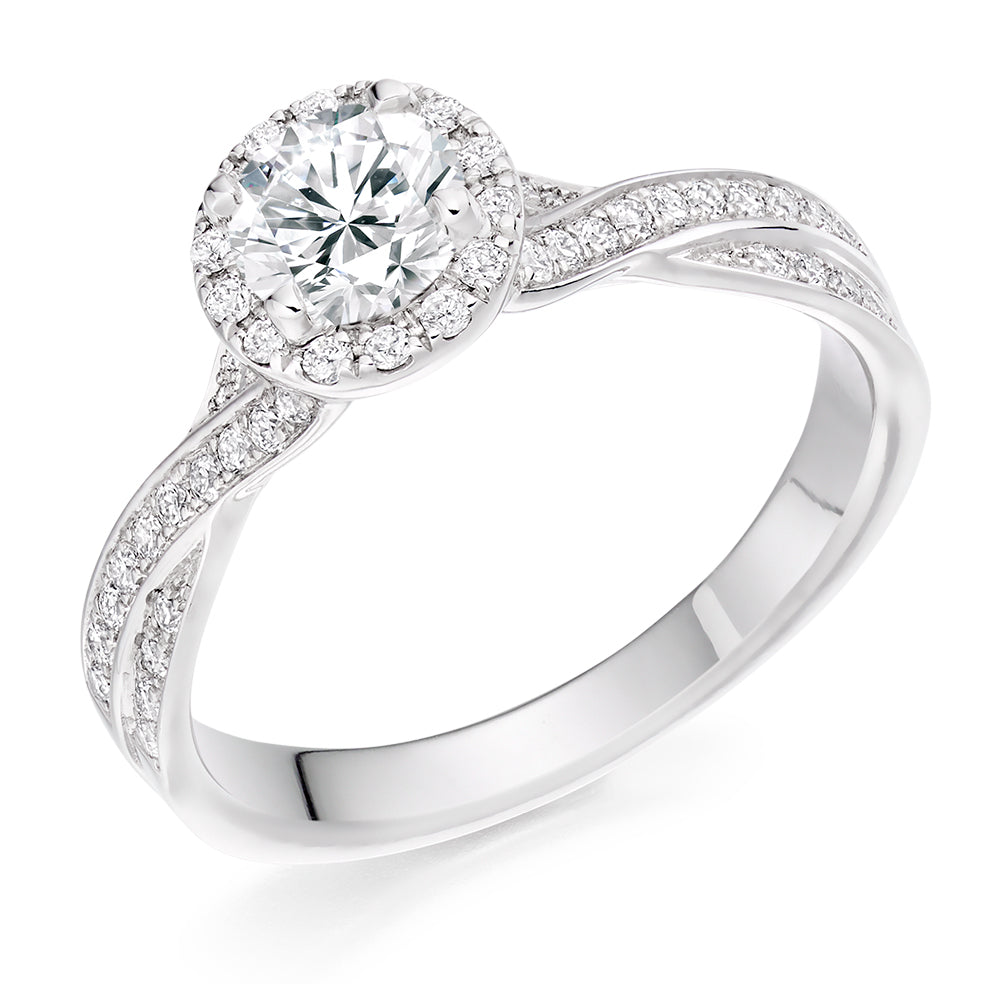 Pavé Halo Round Brilliant Engagement Ring, 1.0ct in White Gold