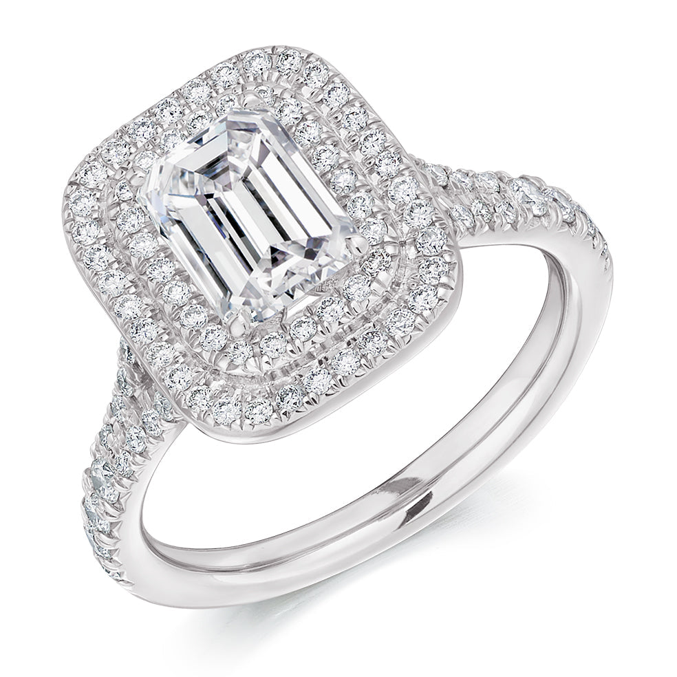 Double-Halo Split-Shoulder Emerald-Cut Engagement Ring, 1.5ct in White Gold