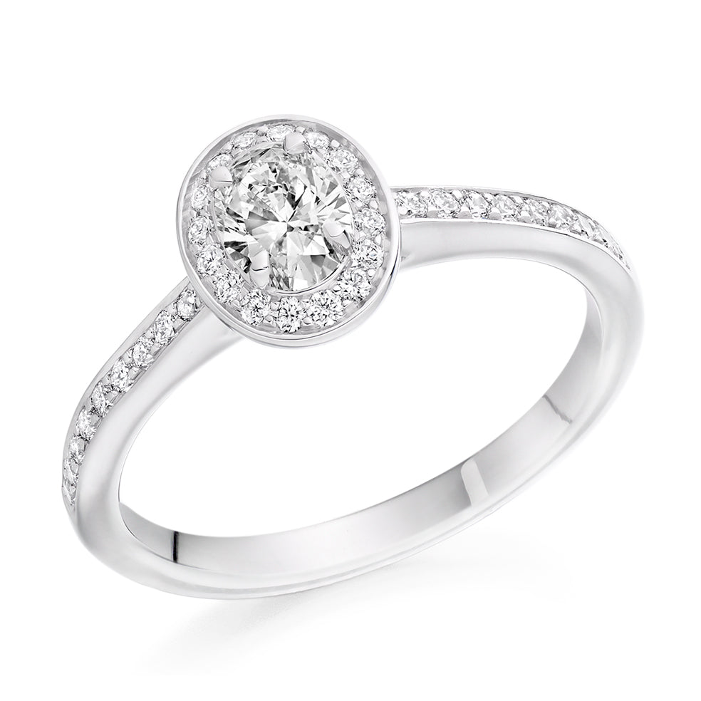 Pavé-Shoulder Halo Oval-Cut Engagement Ring, 0.25ct in White Gold