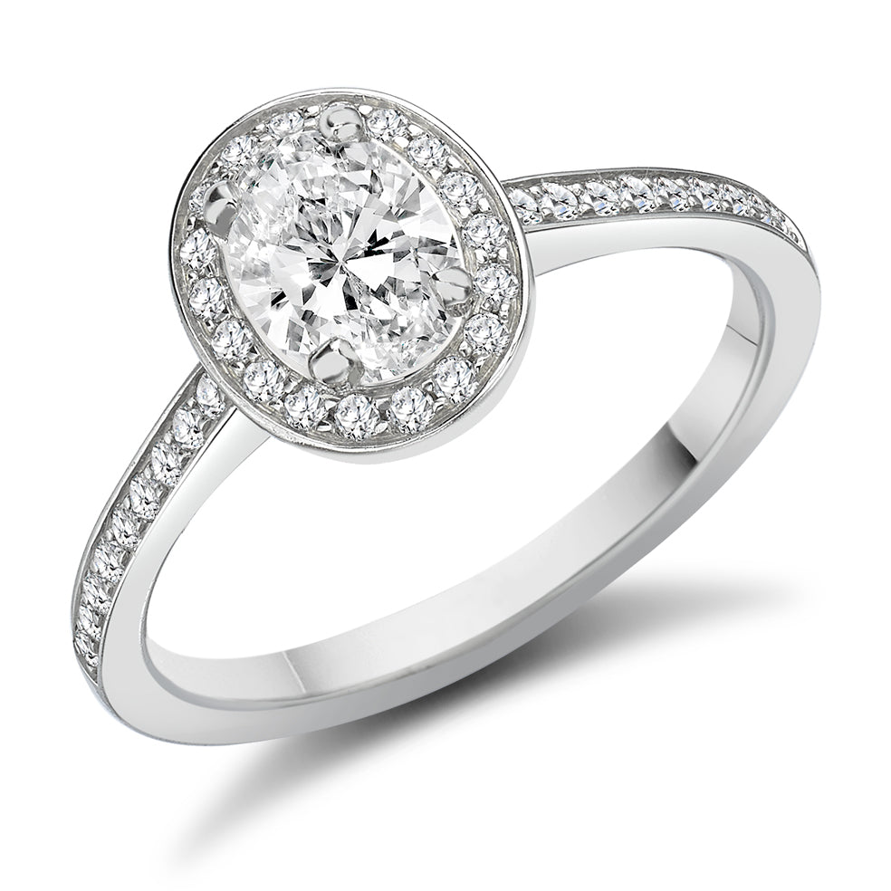 Pavé-Shoulder Halo Oval-Cut Engagement Ring, 0.5ct in White Gold