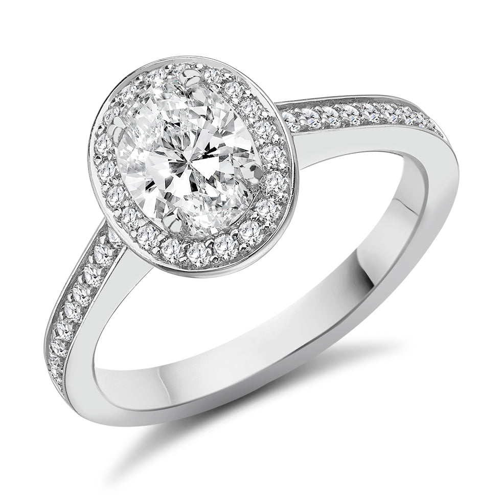 Pavé-Shoulder Halo Oval-Cut Engagement Ring, 0.75ct in White Gold