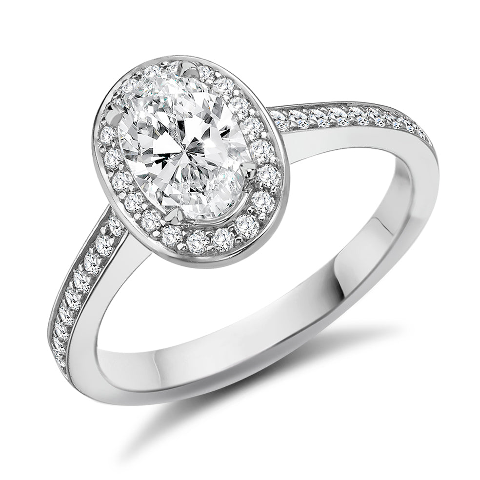 Pavé-Shoulder Halo Oval-Cut Engagement Ring, 0.9ct in White Gold