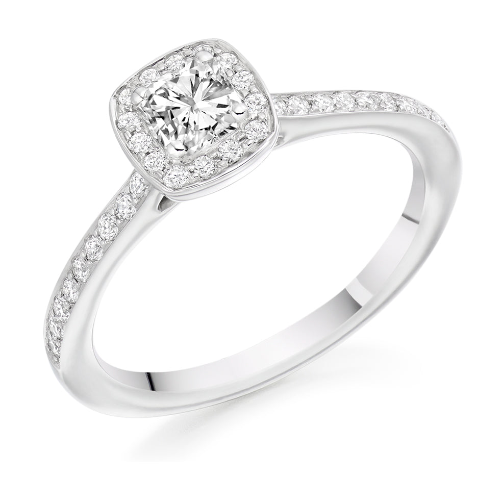 Pavé-Shoulder Halo Cushion-Cut Engagement Ring, 0.25ct in White Gold