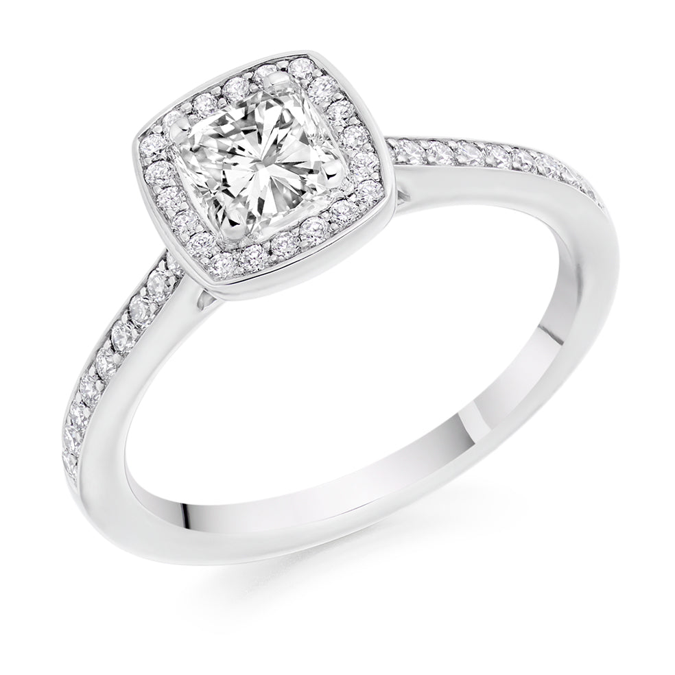 Pavé-Shoulder Halo Cushion-Cut Engagement Ring, 0.5ct in White Gold