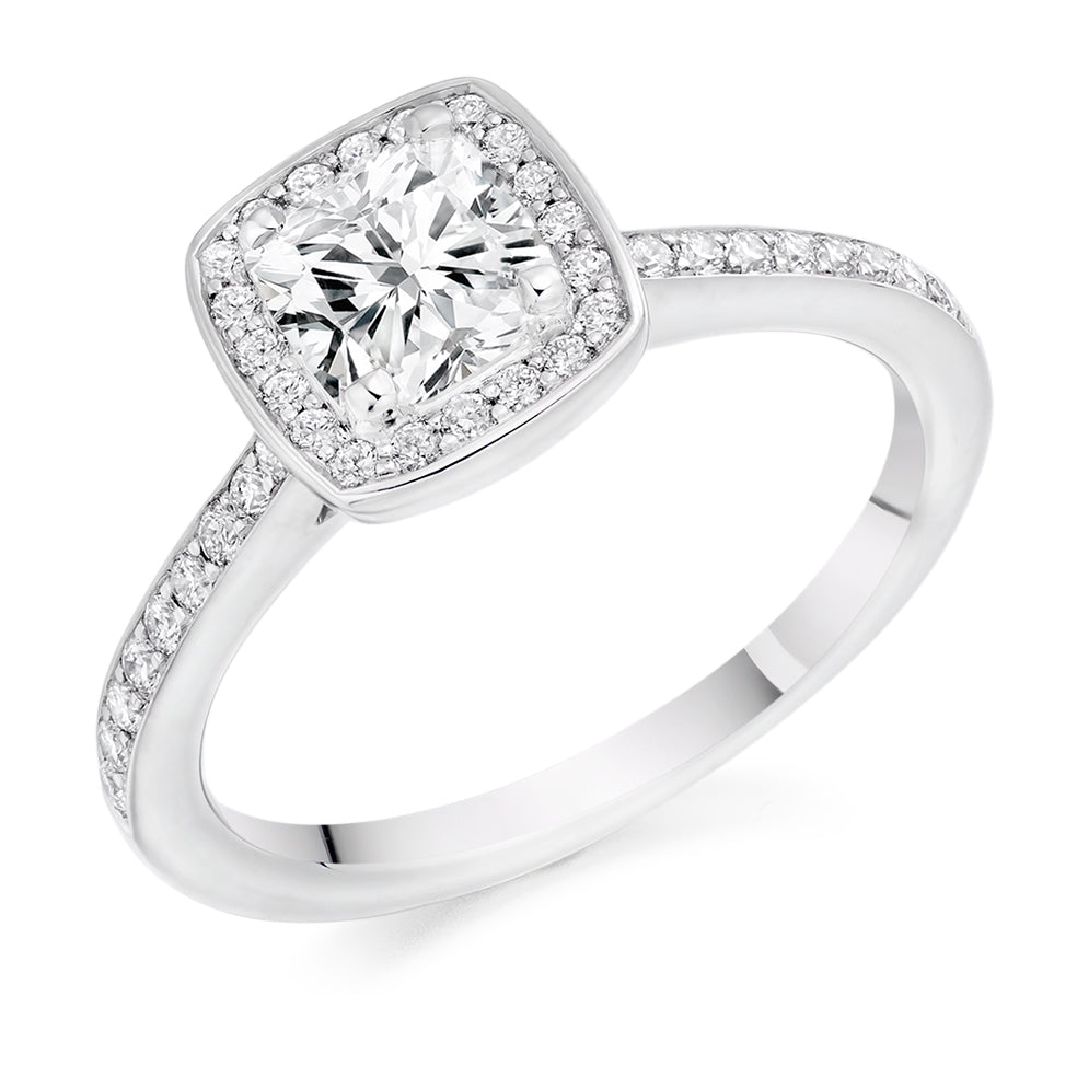 Pavé-Shoulder Halo Cushion-Cut Engagement Ring, 0.75ct in White Gold