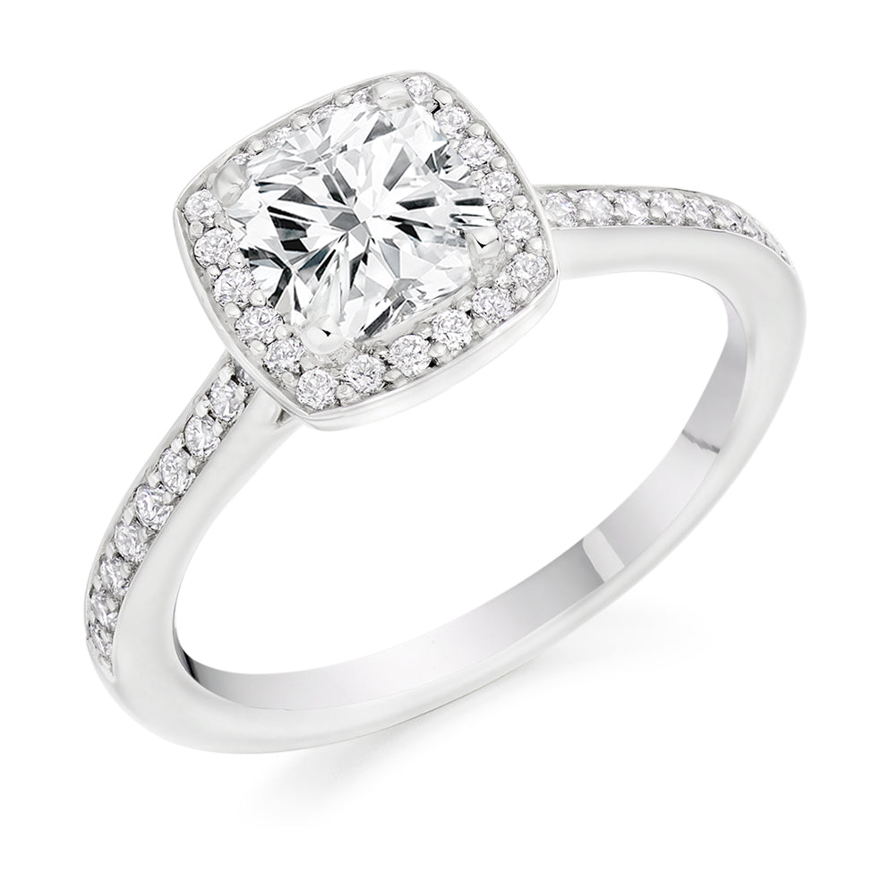 Pavé-Shoulder Halo Cushion-Cut Engagement Ring, 1.0ct in White Gold